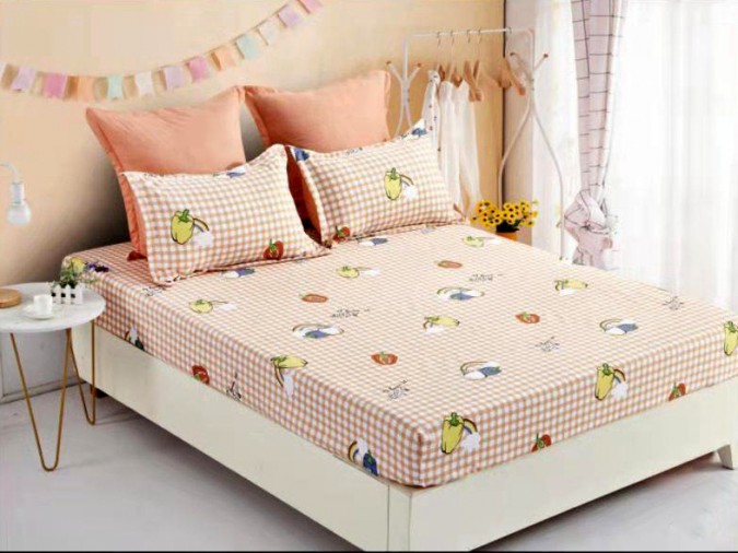 Cearsaf pat, cu ELASTIC, 180x200cm, 4 fete perna, Bumbac FINET, Alb-Multicolor, legume, fructe