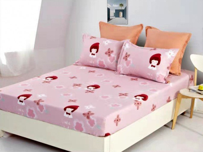 Cearsaf pat, cu ELASTIC, 180x200cm, 4 fete perna, Bumbac FINET, Roz, copii, flori