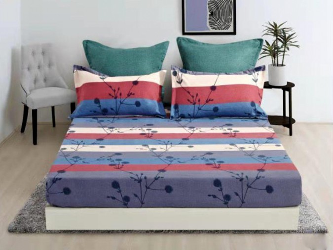 Cearsaf pat, cu ELASTIC, 180x200cm, 4 fete perna, Bumbac FINET, Gri-Multicolor, dungi, flori