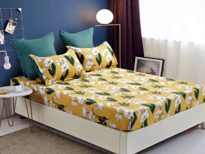 Cearsaf pat, cu ELASTIC, 180x200cm, 4 fete perna, Bumbac FINET, Galben-Multicolor, flori