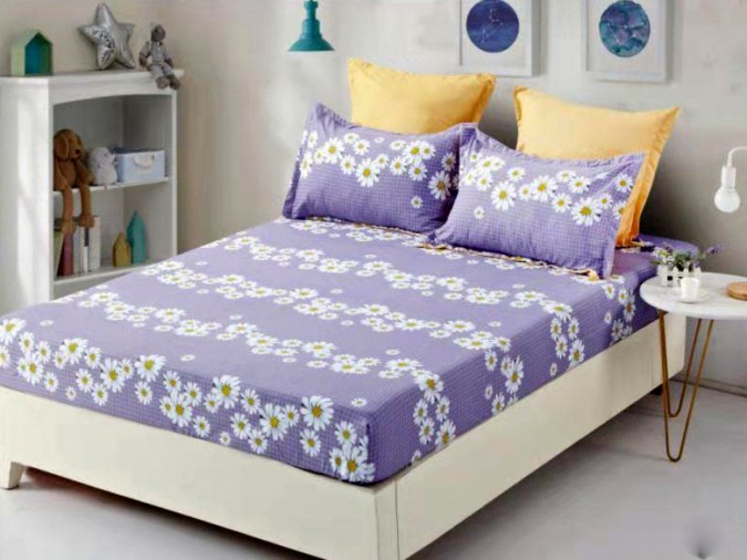 Cearsaf pat, cu ELASTIC, 180x200cm, 4 fete perna, Bumbac FINET, Mov-Multicolor, flori