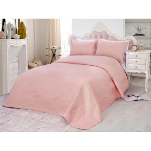 Cuvertura matlasata ultralux, somon, pentru pat dublu 220x240cm si 2 fete de perne 50x70