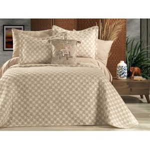 Cuvertura ARIA pentru pat dublu cu smocuri brodate si 3 fete de perna, Bej