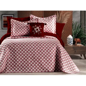 Cuvertura ARIA pentru pat dublu cu smocuri brodate si 3 fete de perna, Alb-Visiniu Cuvertura ARIA pentru pat dublu cu smocuri brodate si 3 fete de perna, Alb-Visiniu