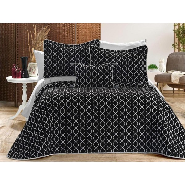 Set LUXURY 4 piese, Cuvertura Brodata Catifea, 2 fete de perna si o pernuta decor, BRILLANT Negru-Gri [1]