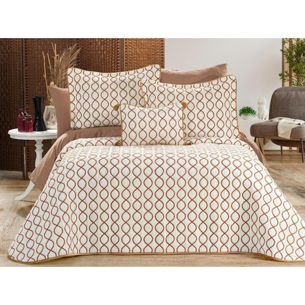 Set LUXURY 4 piese, Cuvertura Brodata Catifea, 2 fete de perna si o pernuta decor, BRILLANT Crem-Maro [1]