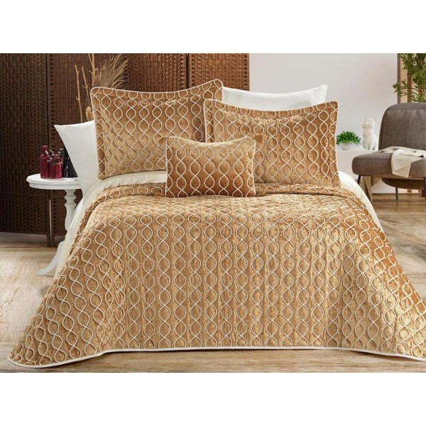 Set LUXURY 4 piese, Cuvertura Brodata Catifea, 2 fete de perna si o pernuta decor, BRILLANT Bej-Alb [1]