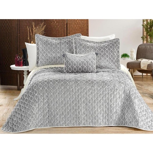 Set LUXURY 4 piese, Cuvertura Brodata Catifea, 2 fete de perna si o pernuta decor, BRILLANT Gri [1]
