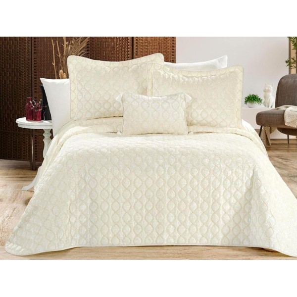 Set LUXURY 4 piese, Cuvertura Brodata Catifea, 2 fete de perna si o pernuta decor, BRILLANT Crem [1]