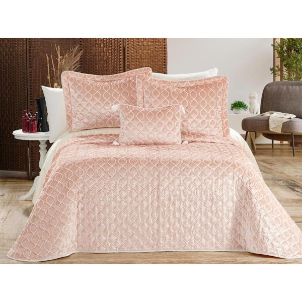 Set LUXURY 4 piese, Cuvertura Brodata Catifea, 2 fete de perna si o pernuta decor, BRILLANT Roz [1]