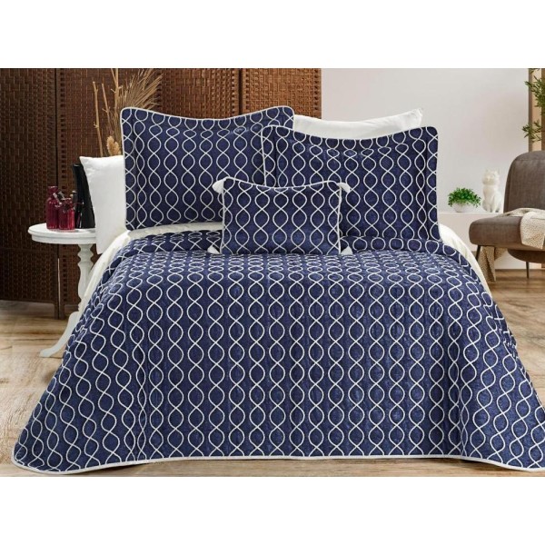 Set LUXURY 4 piese, Cuvertura Brodata Catifea, 2 fete de perna si o pernuta decor, BRILLANT Albastru [1]