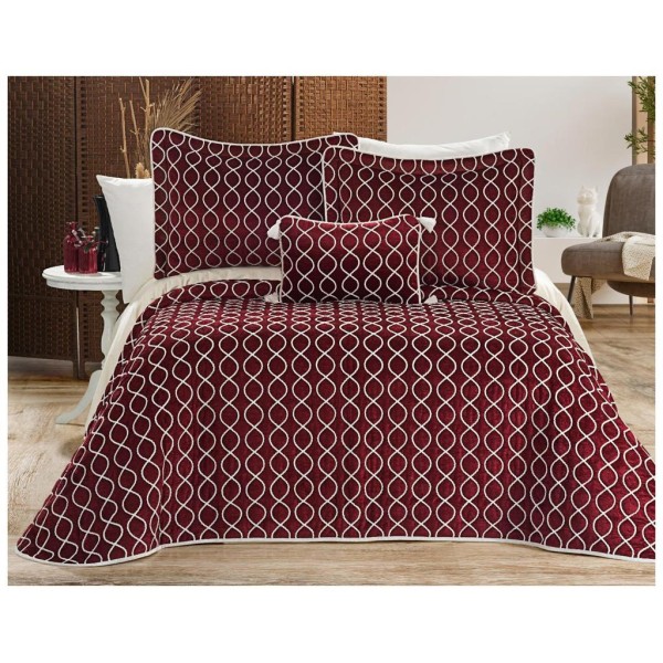 Set LUXURY 4 piese, Cuvertura Brodata Catifea, 2 fete de perna si o pernuta decor, BRILLANT Bordo [1]