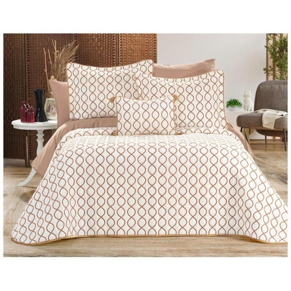 Set LUXURY 4 piese, Cuvertura Brodata Catifea, 2 fete de perna si o pernuta decor, BRILLANT Crem-Bej [1]
