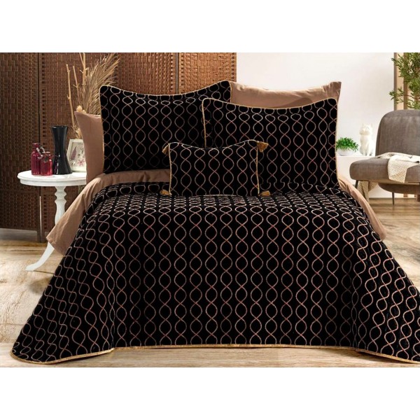 Set LUXURY 4 piese, Cuvertura Brodata Catifea, 2 fete de perna si o pernuta decor, BRILLANT Negru-Maro [1]