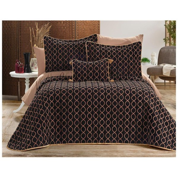 Set LUXURY 4 piese, Cuvertura Brodata Catifea, 2 fete de perna si o pernuta decor, BRILLANT Maro [1]