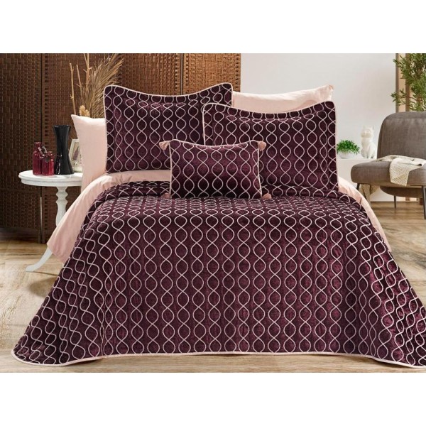 Set LUXURY 4 piese, Cuvertura Brodata Catifea, 2 fete de perna si o pernuta decor, BRILLANT Mov [1]