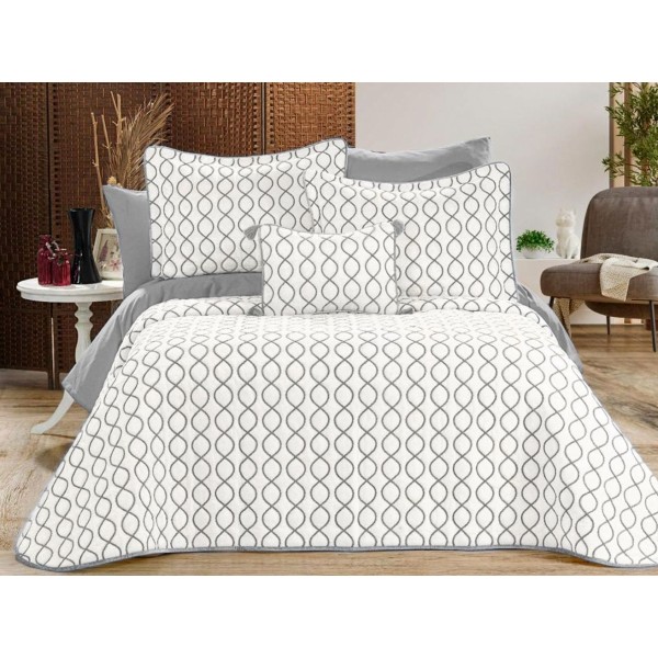 Set LUXURY 4 piese, Cuvertura Brodata Catifea, 2 fete de perna si o pernuta decor, BRILLANT Crem-Gri [1]