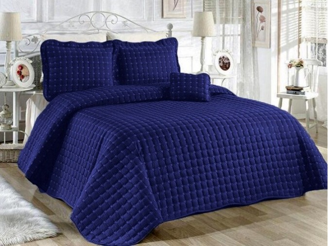 Cuvertura Brodata pat dublu cu 3 fete de perna, albastru royal