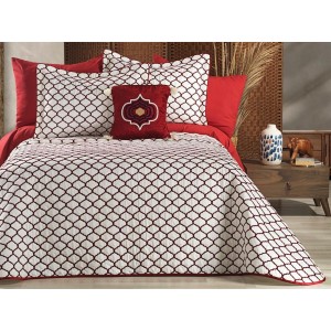 Cuvertura MELODIE pentru pat dublu cu smocuri brodate si 3 fete de perna, Alb-Rosu Cuvertura MELODIE pentru pat dublu cu smocuri brodate si 3 fete de perna, Alb-Rosu