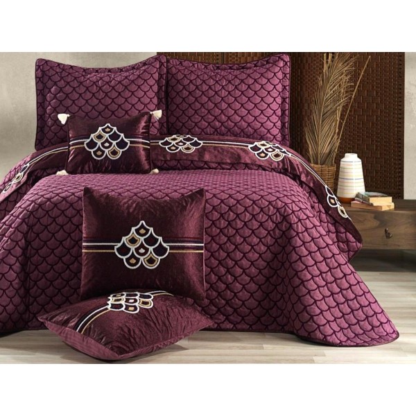 Set LUXURY DIVA 6 piese Cuvertura satinata cu broderie din catifea si 5 fete de perna, Mov [1]