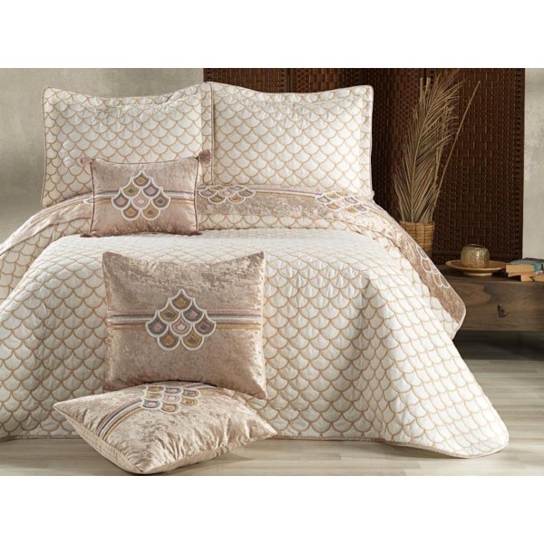 Set LUXURY DIVA 6 piese Cuvertura satinata cu broderie din catifea si 5 fete de perna, Alb-Bej [1]