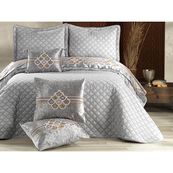 Set LUXURY DIVA 6 piese Cuvertura satinata cu broderie din catifea si 5 fete de perna, Gri [1]