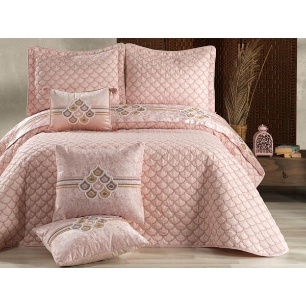 Set LUXURY DIVA 6 piese Cuvertura satinata cu broderie din catifea si 5 fete de perna, Roz [1]