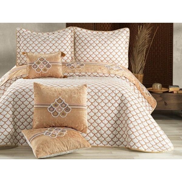 Set LUXURY DIVA 6 piese Cuvertura satinata cu broderie din catifea si 5 fete de perna, Alb-Auriu [1]