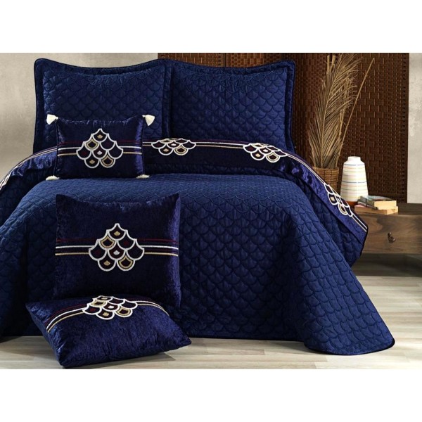 Set LUXURY DIVA 6 piese Cuvertura satinata cu broderie din catifea si 5 fete de perna, Albastru [1]