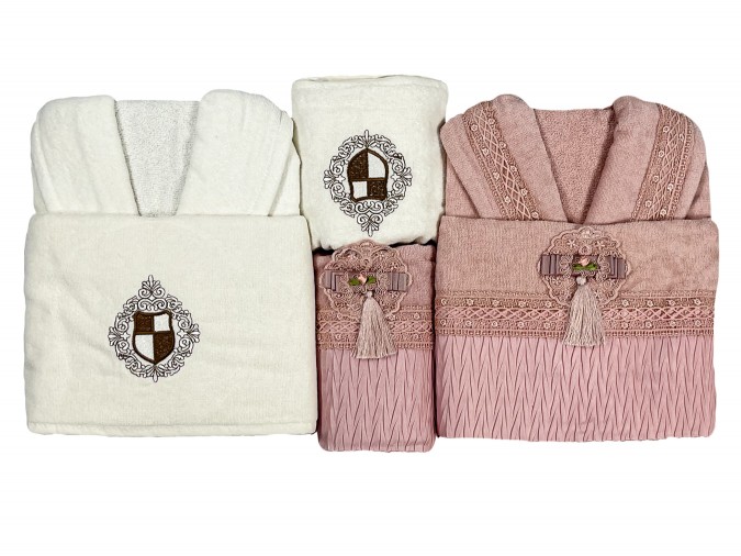 Set baie Lux Family Bumbac, Broderie si Dantela Crem-Pudra