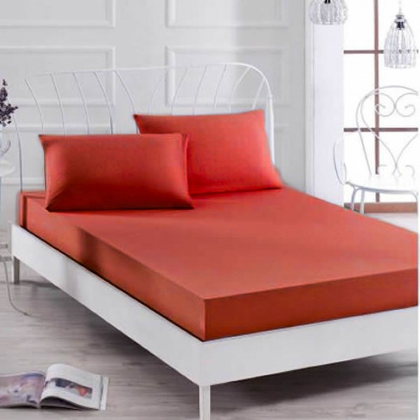 Husa saltea 160x200cm, 2 fete de perne 50x70cm, cu elastic, Bumbac Jersey, Caramiziu [1]