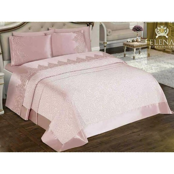 Set LUXURY ELENA 6 piese Cuvertura si Cearsaf de pat cu 4 fete de perna, Roz Pudra [1]