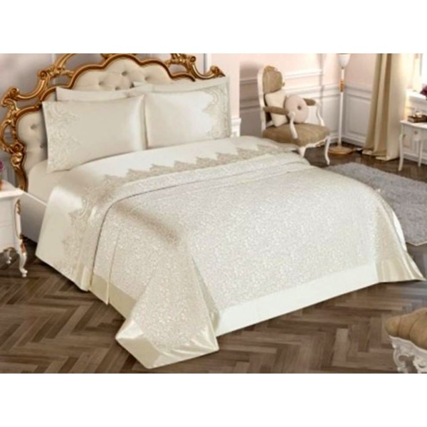 Set LUXURY ELENA 6 piese Cuvertura si Cearsaf de pat cu 4 fete de perna, Crem [1]
