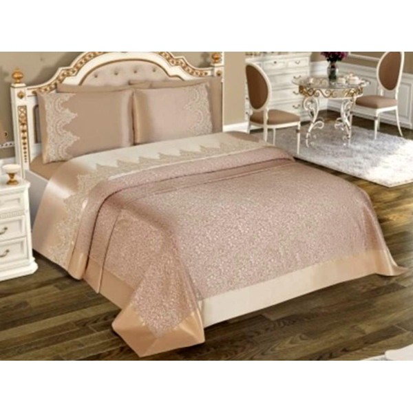 Set LUXURY ELENA 6 piese Cuvertura si Cearsaf de pat cu 4 fete de perna, Capuccino [1]