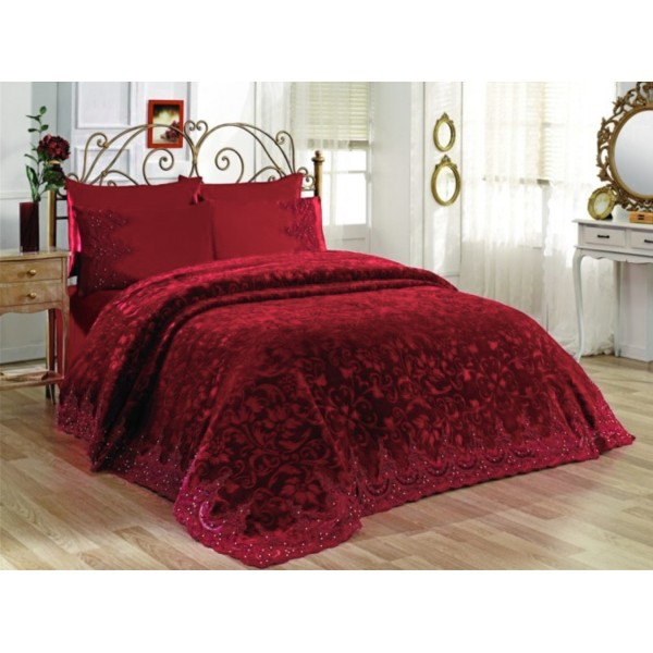 Set LUXURY GONCAGUL 6 piese Patura cu dantela,perle si Cearsaf de pat cu 4 fete de perna, Rosu [1]