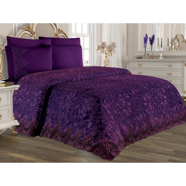 Set LUXURY GONCAGUL 6 piese Patura cu dantela,perle si Cearsaf de pat cu 4 fete de perna, Mov [1]