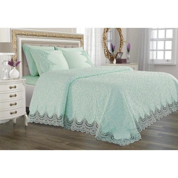 Set LUXURY GONCAGUL 6 piese Patura cu dantela, perle si Cearsaf de pat cu 4 fete de perna, Menta [1]