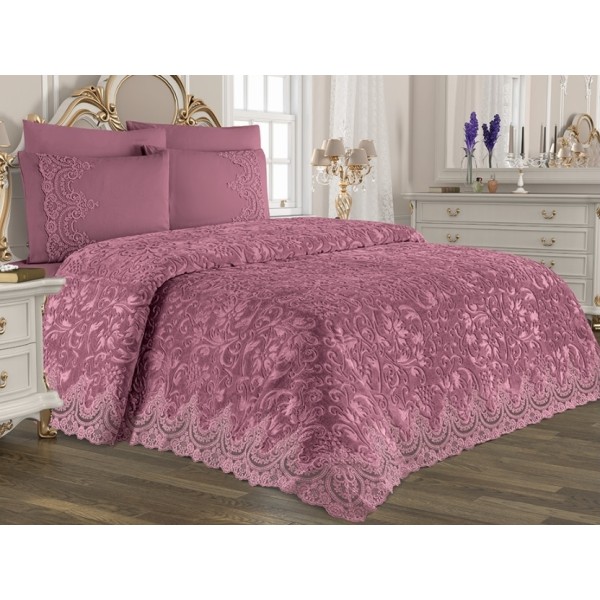 Set LUXURY GONCAGUL 6 piese Patura cu dantela, perle si Cearsaf de pat cu 4 fete de perna, Purpuriu [1]