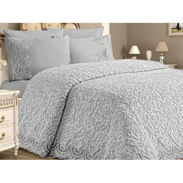 Set LUXURY GONCAGUL 6 piese Patura cu dantela, perle si Cearsaf de pat cu 4 fete de perna, Gri deschis [1]