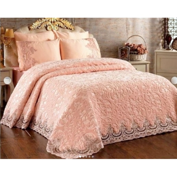 Set LUXURY GONCAGUL 6 piese Patura cu dantela, perle si Cearsaf de pat cu 4 fete de perna, Roz Pudra [1]