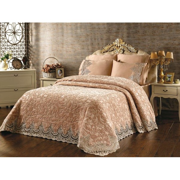 Set LUXURY GONCAGUL 6 piese Patura cu dantela,perle si Cearsaf de pat cu 4 fete de perna, Capuccino [1]
