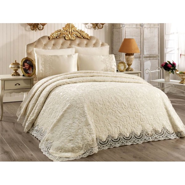 Set LUXURY GONCAGUL 6 piese Patura cu dantela, perle si Cearsaf de pat cu 4 fete de perna, Alb Unt [1]