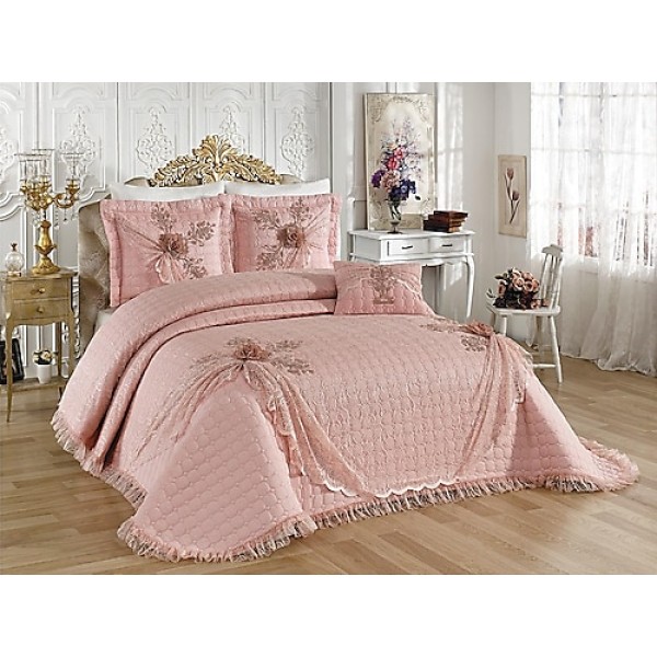Set LUXURY 4 piese Cuvertura bumbac cu dantela si 3 fete de perna, Goncagul Pudra [1]