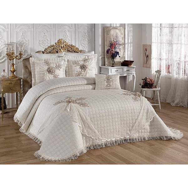 Set LUXURY 4 piese Cuvertura bumbac cu dantela si 3 fete de perna, Goncagul Crem [1]