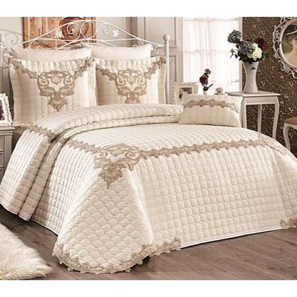 Set LUXURY 4 piese Cuvertura bumbac cu dantela si 3 fete de perna, MIRA Crem [1]