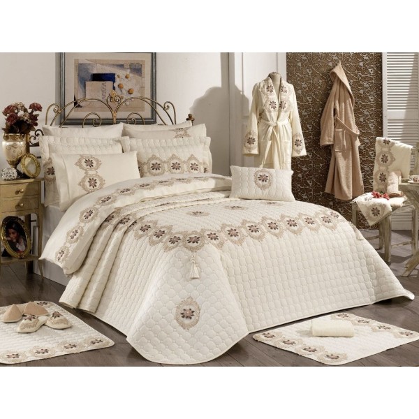 Set LUXURY 4 piese Cuvertura bumbac cu dantela, ciucuri si 3 fete de perna, ANGEL Crem [1]