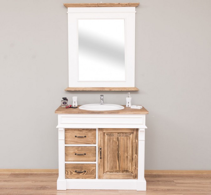 Dulap baie, lemn masiv, cu 3 sertare si 1 usa + oglinda, chiuveta inclusa