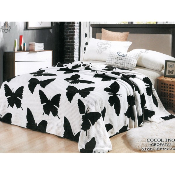 Patura pufoasa cocolino gofrata 200x230cm, 300gr/mp, Alb-Negru, Fluturi [1]