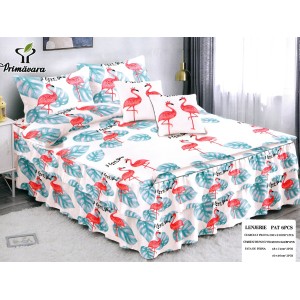 Lenjerie pat dublu, FINET, 6 piese, cu VOLANASE, Alb-Multicolor, flamingo, frunze Lenjerie pat dublu, FINET, 6 piese, cu VOLANASE, Alb-Multicolor, flamingo, frunze
