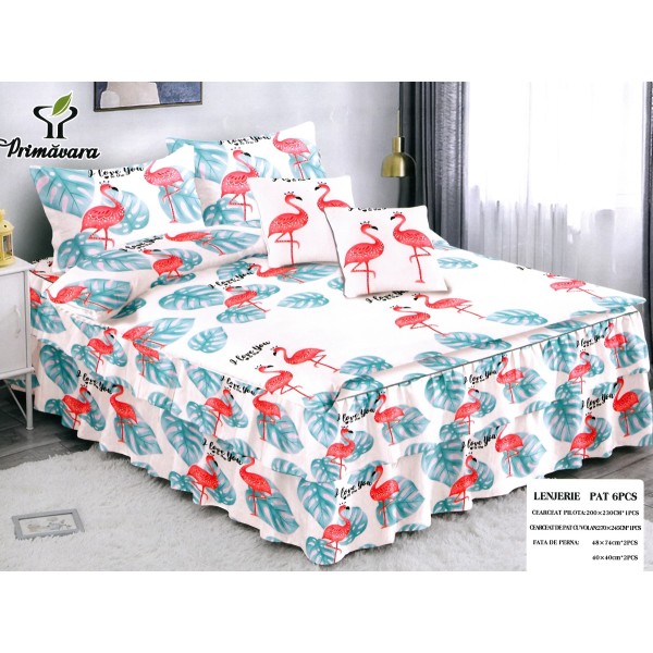 Lenjerie pat dublu,  FINET, 6 piese, cu VOLANASE, Alb-Multicolor, flamingo, frunze [1]